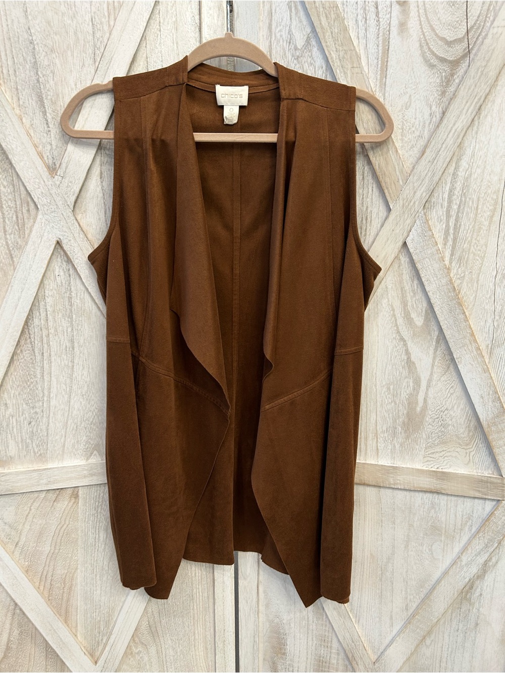 Chico's Brown Suede-Look Open Front Vest with Cream Trim